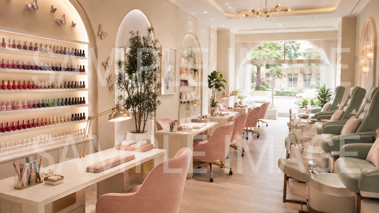 Concept rendering of a bright nail salon interior with a full polish wall and pedicure seating