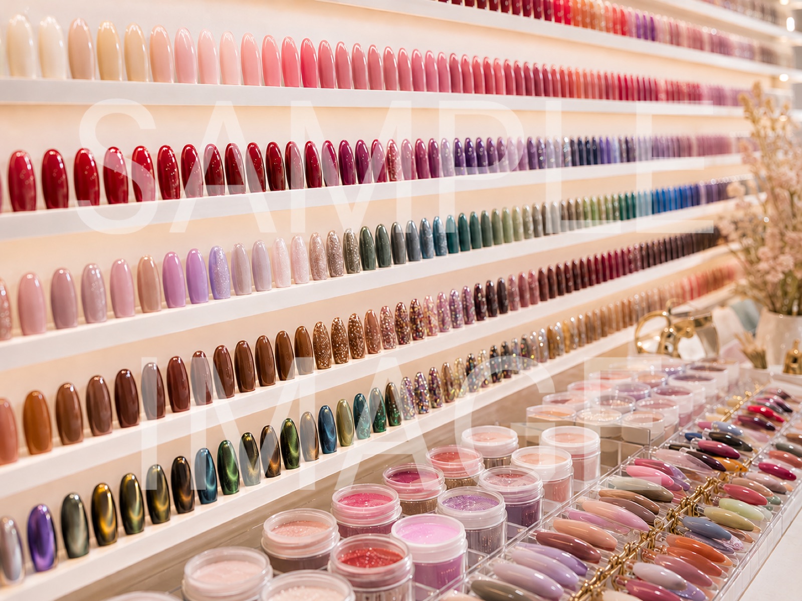 Concept rendering of the Zen Nails color wall — rows of dip and gel swatches